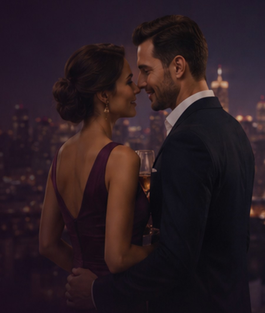 A couple sharing a quiet moment above the city
